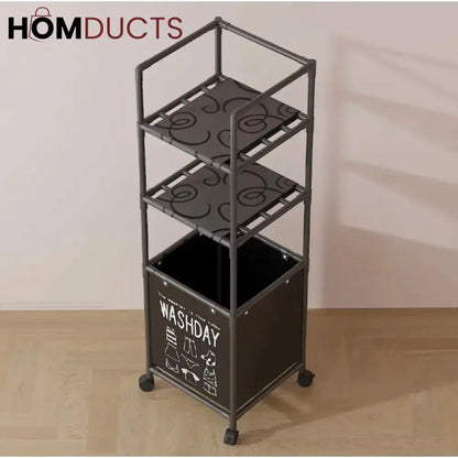 Multi-Tier Laundry Storage Rack with Rolling Wheels – Washday Hamper Organizer for Bathroom & Laundry Room