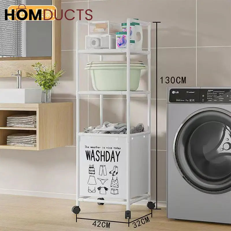 Multi-Tier Laundry Storage Rack with Rolling Wheels – Washday Hamper Organizer for Bathroom & Laundry Room