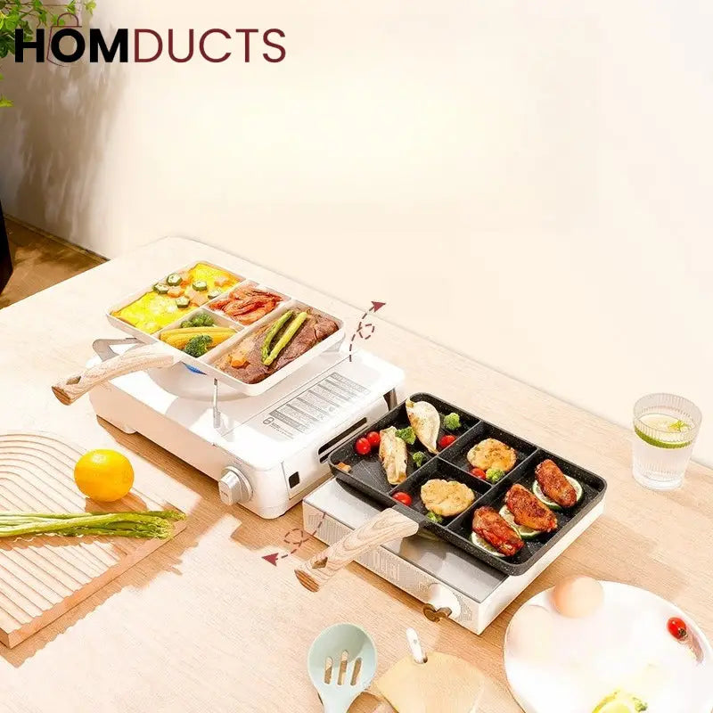 Non-Stick 4 Section Divided Grill Frying Pan – Multi Compartment Skillet for Cooking Meat, Dumplings & Vegetables