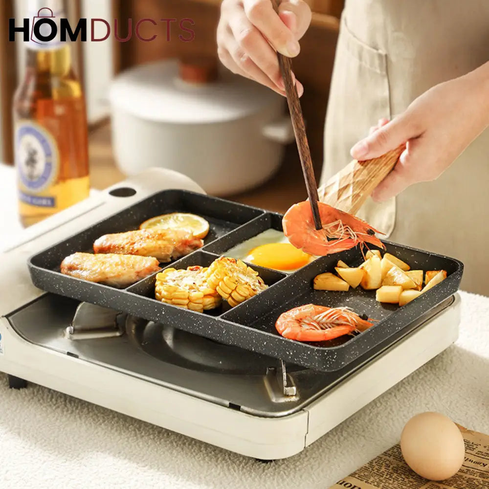 Non-Stick 4 Section Divided Grill Frying Pan – Multi Compartment Skillet for Cooking Meat, Dumplings & Vegetables