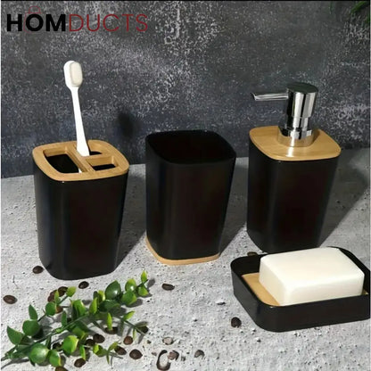 Nordic Luxe 4-Piece White Bathroom Accessory Set with Bamboo Accents