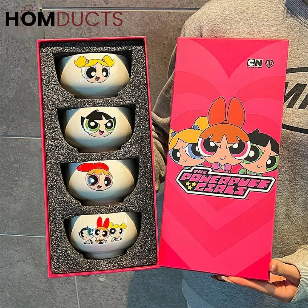 Powerpuff Girls Kawaii Ceramic Bowl Set - Gift Boxed Tableware (4 Bowls)