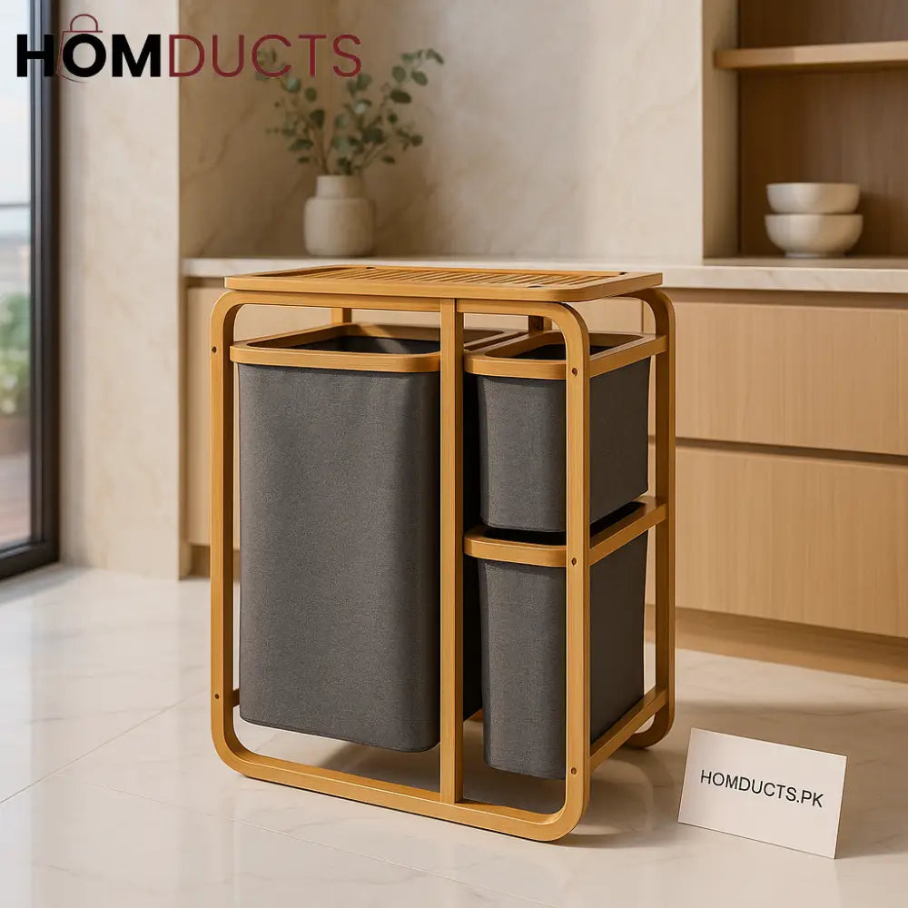 Premium 3-Section Bamboo Laundry Hamper with Removable Fabric Bags – Space-Saving & Elegant Organizer