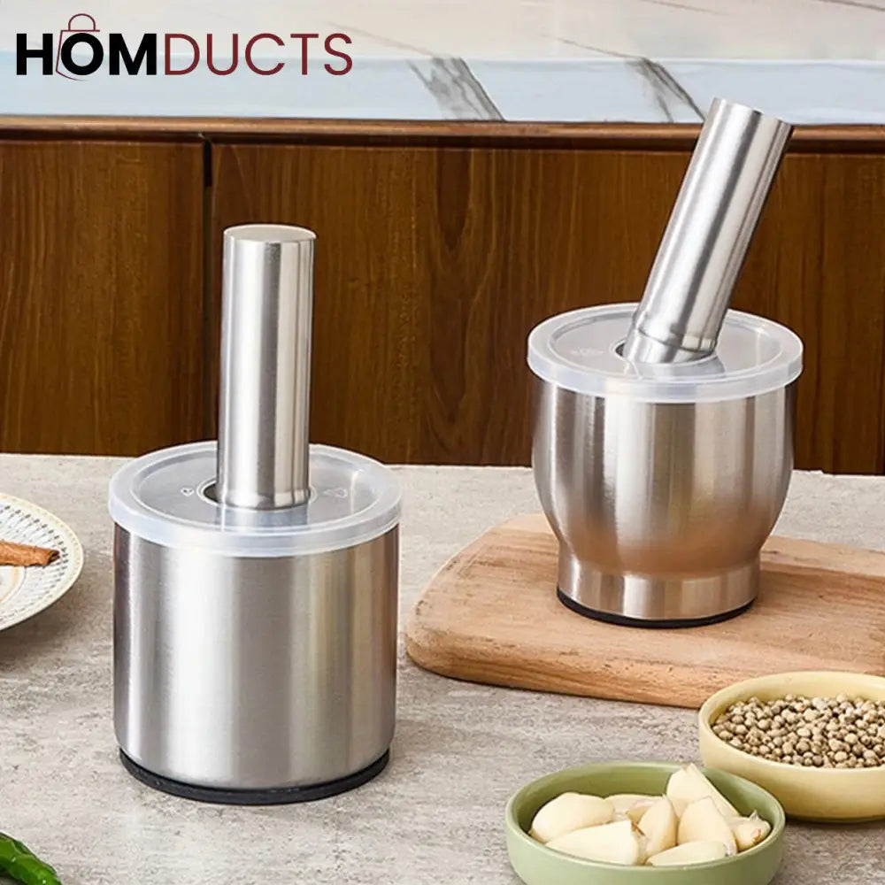 Premium 304 Stainless Steel Garlic Press & Pill Crusher - Manual Mortar and Pestle Set, Rust-Proof Kitchen Tool