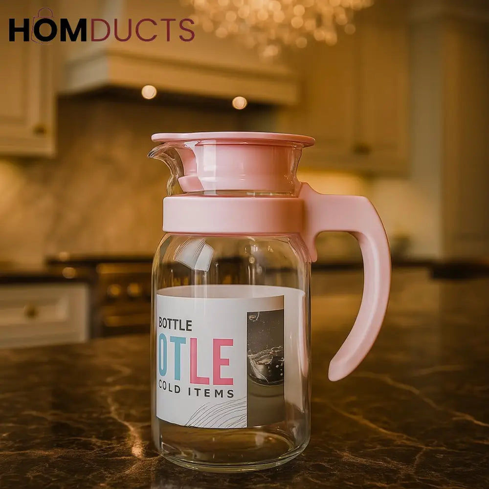 Premium 800ml Glass Cold Water Pitcher with Pink Lid – Elegant Fridge Bottle