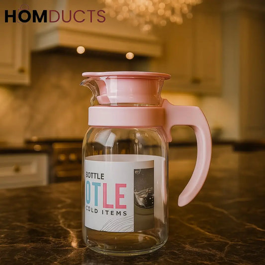 Premium 800ml Glass Cold Water Pitcher with Pink Lid – Elegant Fridge Bottle