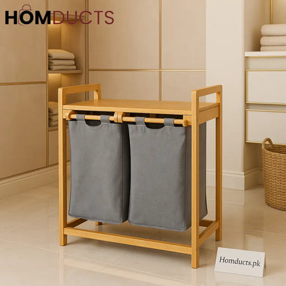 Premium Bamboo Double Laundry Hamper with Removable Fabric Bags – Space-Saving Organizer
