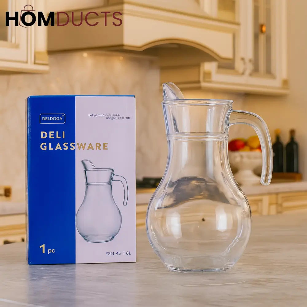 Premium Glass Water Jug – 1.8L Clear Pitcher with Handle and Spout for Juice, Milk, or Beverages