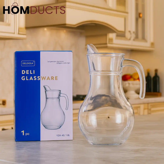 Premium Glass Water Jug – 1.8L Clear Pitcher with Handle and Spout for Juice, Milk, or Beverages
