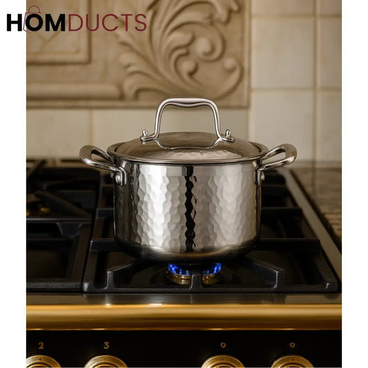 Premium Hammered Stainless Steel Cooking Pot with Lid – Elegant Casserole for Luxury Kitchens
