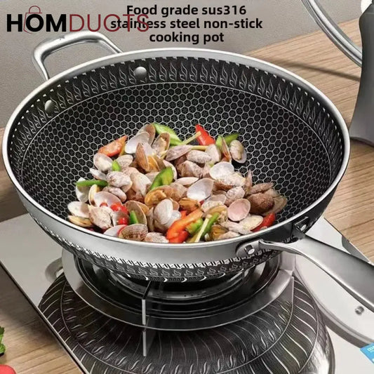 Premium Non-Stick Honeycomb Wok - 316 Stainless Steel, Gas & Induction Compatible Cookware