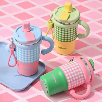 Premium Plaid Garden Thermos Cup – 600ml Double-Wall Insulated