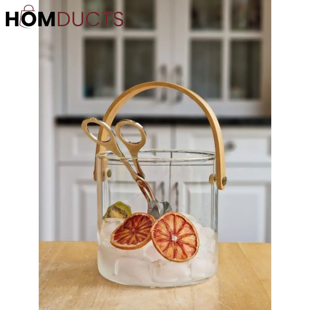 Premium Pyrex Square Glass Bucket with Bamboo Handle - Multi-Purpose Ice Bucket, Flower Vase, or Utensil Holder
