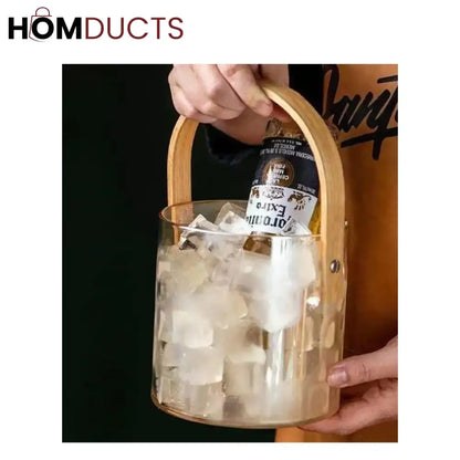 Premium Pyrex Square Glass Bucket with Bamboo Handle - Multi-Purpose Ice Bucket, Flower Vase, or Utensil Holder