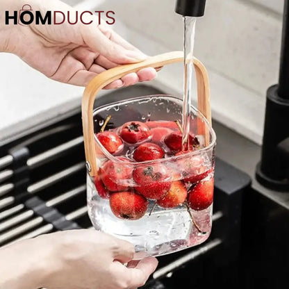 Premium Pyrex Square Glass Bucket with Bamboo Handle - Multi-Purpose Ice Bucket, Flower Vase, or Utensil Holder