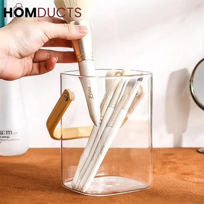 Premium Pyrex Square Glass Bucket with Bamboo Handle - Multi-Purpose Ice Bucket, Flower Vase, or Utensil Holder