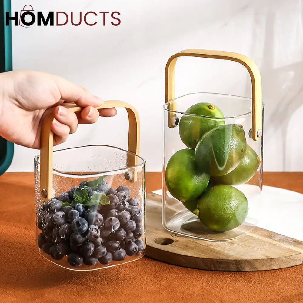 Premium Pyrex Square Glass Bucket with Bamboo Handle - Multi-Purpose Ice Bucket, Flower Vase, or Utensil Holder