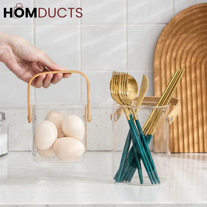 Premium Pyrex Square Glass Bucket with Bamboo Handle - Multi-Purpose Ice Bucket, Flower Vase, or Utensil Holder