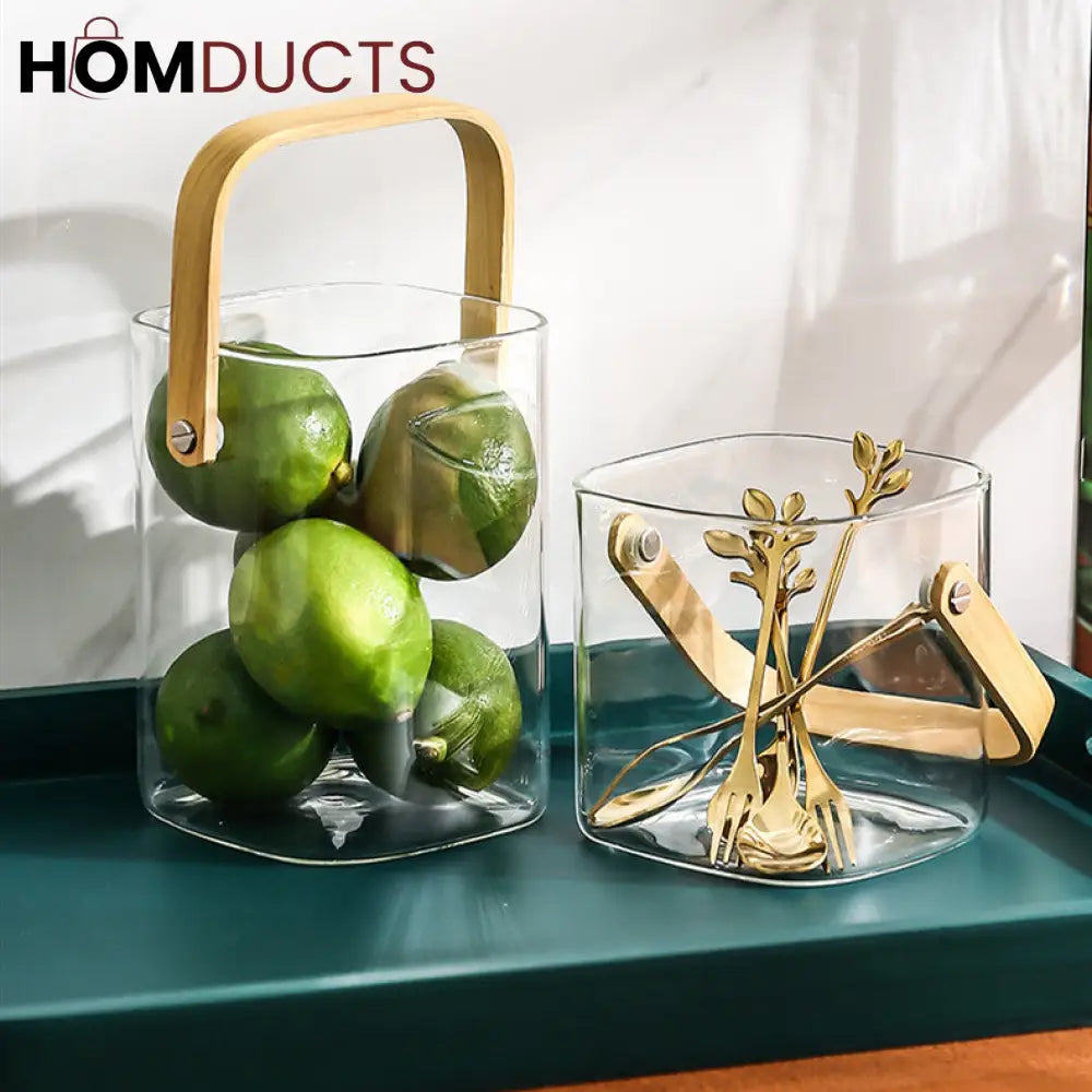 Premium Pyrex Square Glass Bucket with Bamboo Handle - Multi-Purpose Ice Bucket, Flower Vase, or Utensil Holder