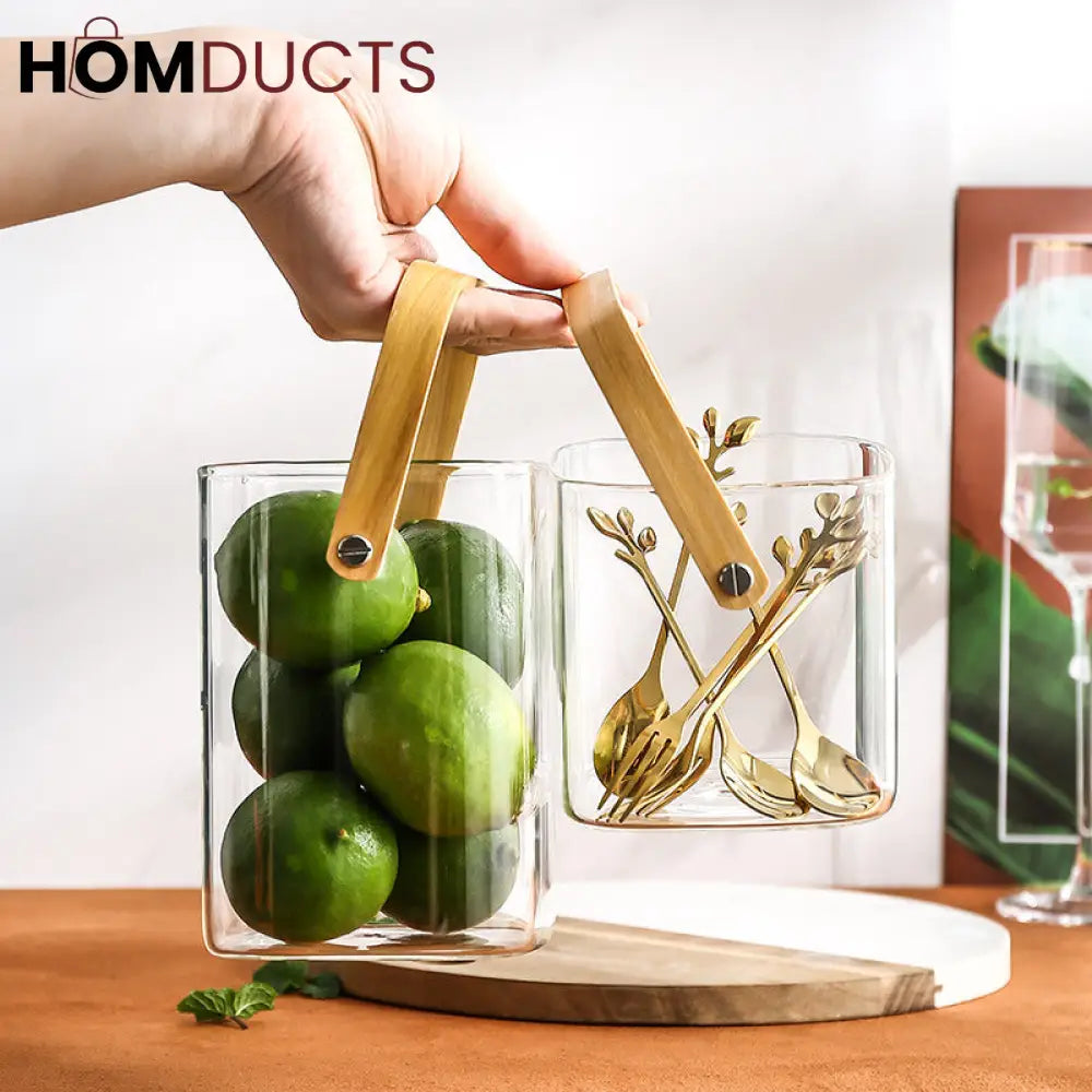Premium Pyrex Square Glass Bucket with Bamboo Handle - Multi-Purpose Ice Bucket, Flower Vase, or Utensil Holder