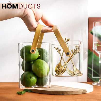 Premium Pyrex Square Glass Bucket with Bamboo Handle - Multi-Purpose Ice Bucket, Flower Vase, or Utensil Holder