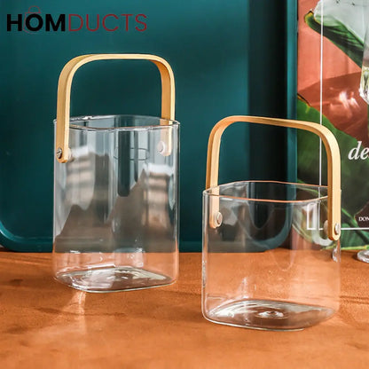 Premium Pyrex Square Glass Bucket with Bamboo Handle - Multi-Purpose Ice Bucket, Flower Vase, or Utensil Holder