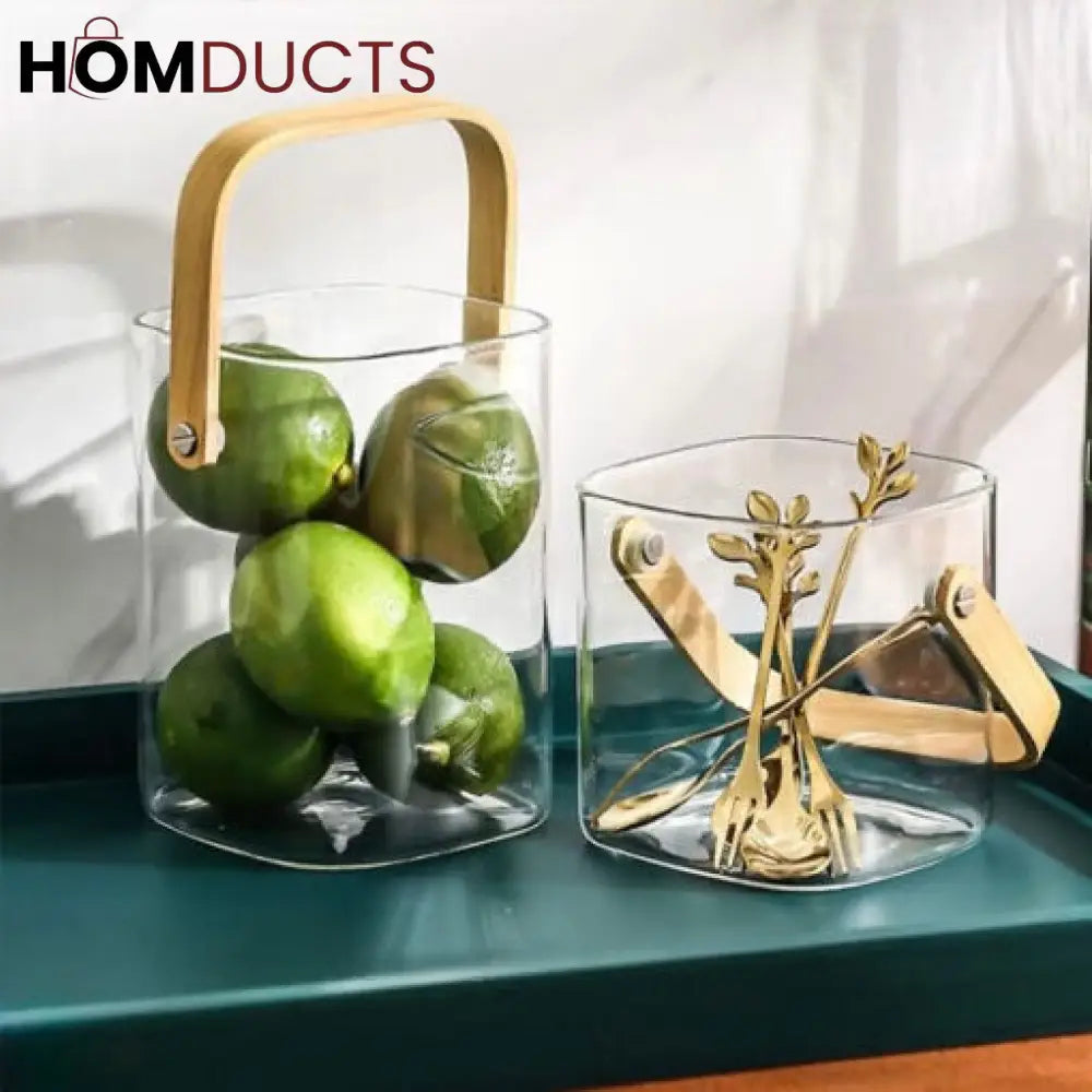 Premium Pyrex Square Glass Bucket with Bamboo Handle - Multi-Purpose Ice Bucket, Flower Vase, or Utensil Holder