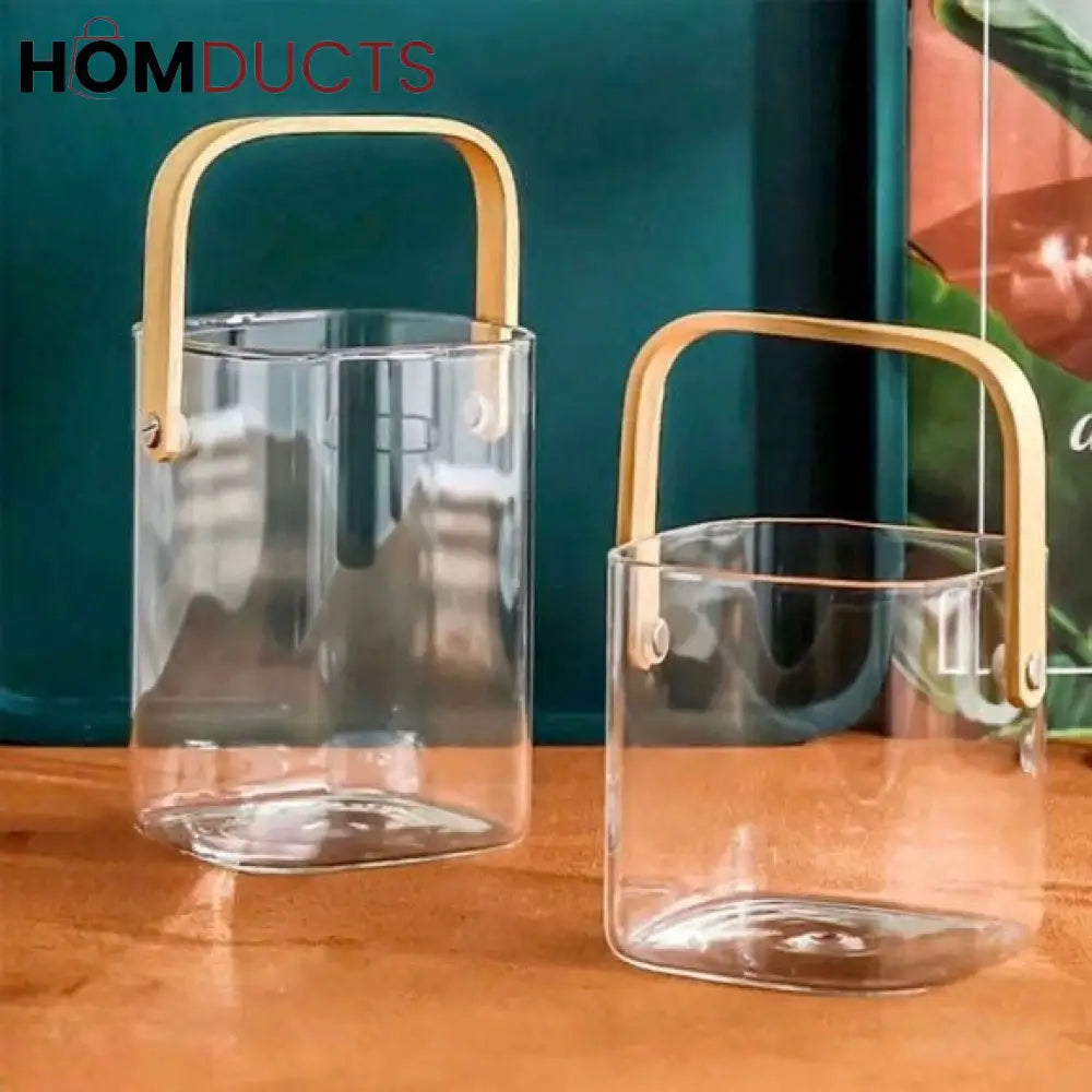Premium Pyrex Square Glass Bucket with Bamboo Handle - Multi-Purpose Ice Bucket, Flower Vase, or Utensil Holder