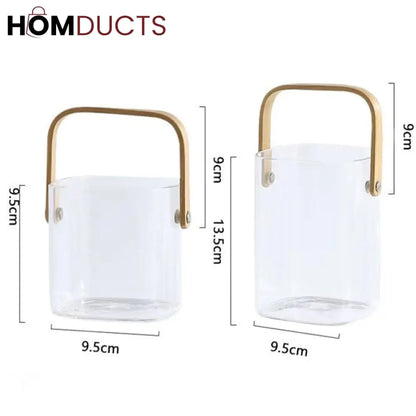 Premium Pyrex Square Glass Bucket with Bamboo Handle - Multi-Purpose Ice Bucket, Flower Vase, or Utensil Holder