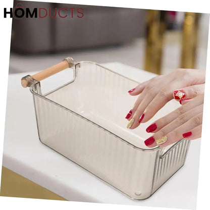 Premium Transparent Storage Basket with Wooden Handles – Multi-Purpose Organizer Bin