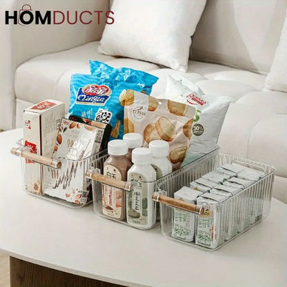 Premium Transparent Storage Basket with Wooden Handles – Multi-Purpose Organizer Bin