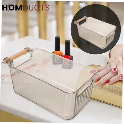 Premium Transparent Storage Basket with Wooden Handles – Multi-Purpose Organizer Bin