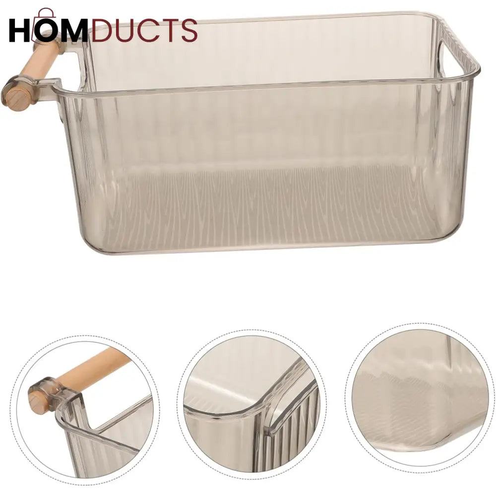 Premium Transparent Storage Basket with Wooden Handles – Multi-Purpose Organizer Bin
