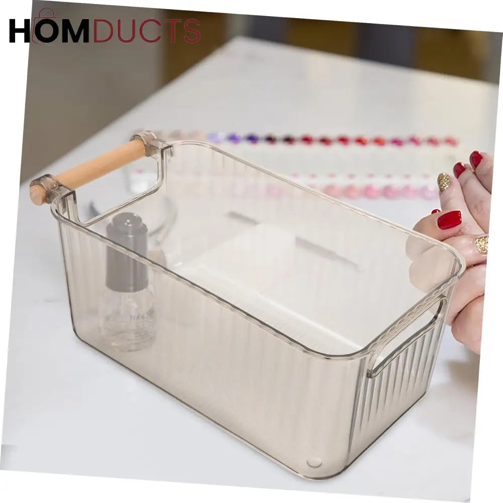 Premium Transparent Storage Basket with Wooden Handles – Multi-Purpose Organizer Bin