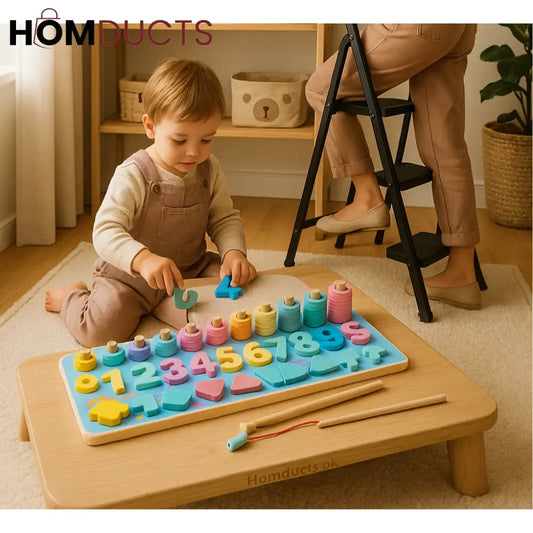 Rainbow Montessori 5-in-1 Wooden Learning Board – Shapes, Numbers & Stacking Rings
