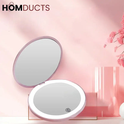 Rechargeable LED Lighted Compact Mirror – Portable Makeup Mirror with Double-Sided Magnification & USB Charging