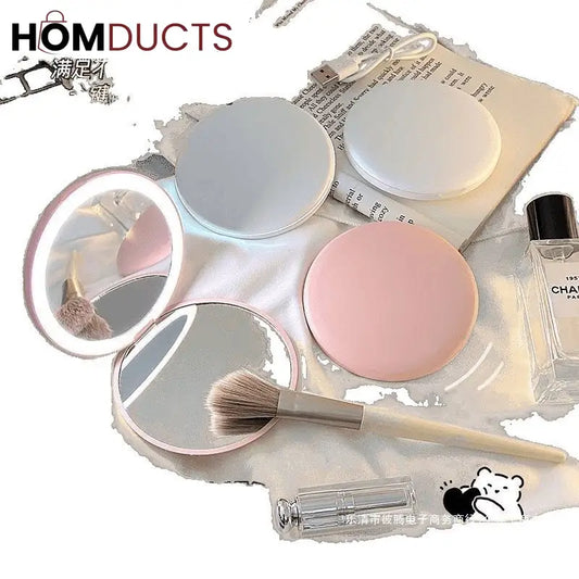 Rechargeable LED Lighted Compact Mirror – Portable Makeup Mirror with Double-Sided Magnification & USB Charging