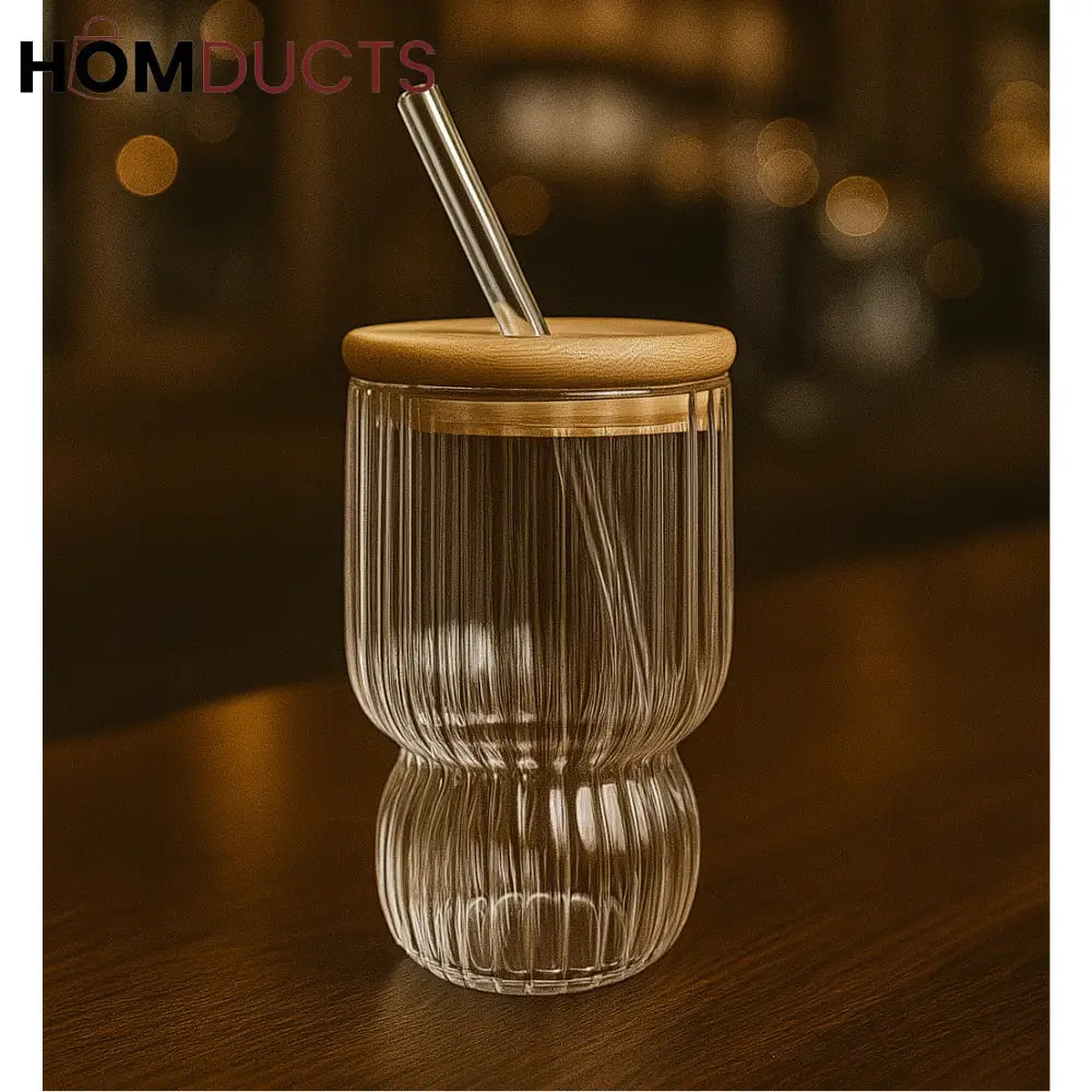 Ribbed Glass Tumbler with Bamboo Lid & Glass Straw – Aesthetic Reusable Cup for Coffee, Tea & Cold Drinks
