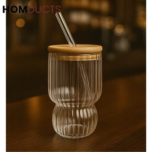 Ribbed Glass Tumbler with Bamboo Lid & Glass Straw – Aesthetic Reusable Cup for Coffee, Tea & Cold Drinks