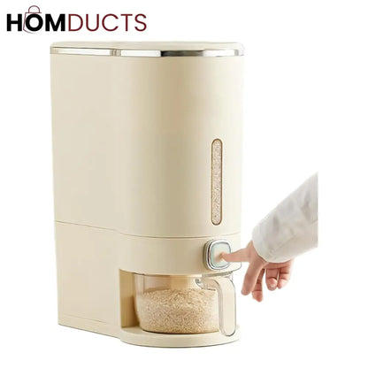 Rice Dispenser Container – Airtight Wall-Mounted Dry Food Storage with One-Touch Measuring Cup for Kitchen Pantry