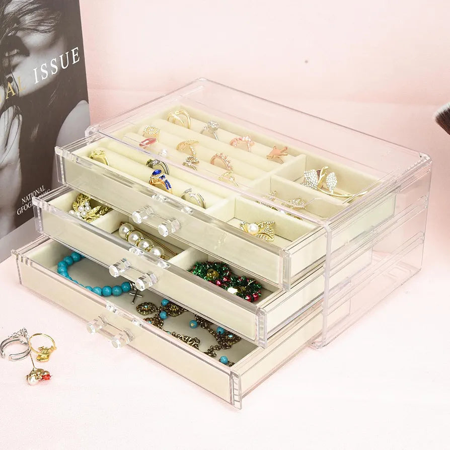 Premium Acrylic Jewellery Box with 3 Drawers, Velvet Lined Organizer for Rings, Earrings and Accessories
