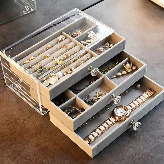 Premium Acrylic Jewellery Box with 3 Drawers, Velvet Lined Organizer for Rings, Earrings and Accessories