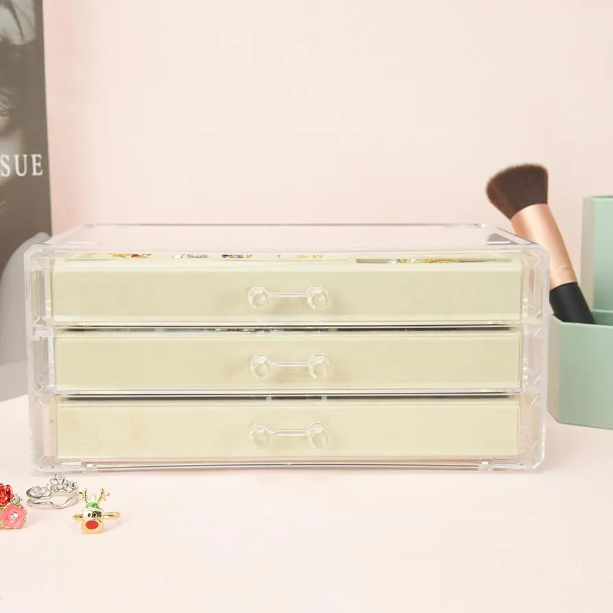 Premium Acrylic Jewellery Box with 3 Drawers, Velvet Lined Organizer for Rings, Earrings and Accessories