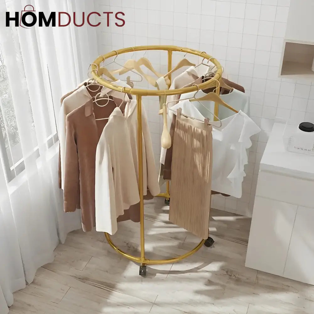 Rotating Round Garment Rack with Wheels - Freestanding Metal Clothing Organizer for Home