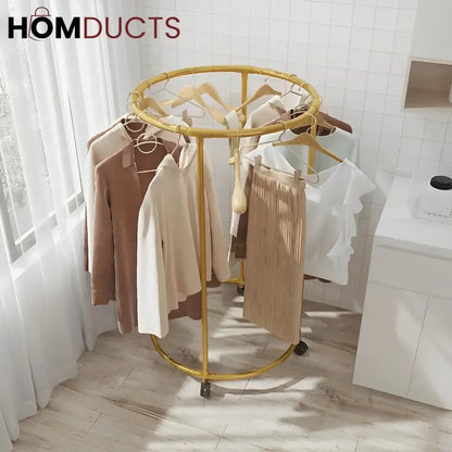 Rotating Round Garment Rack with Wheels - Freestanding Metal Clothing Organizer for Home