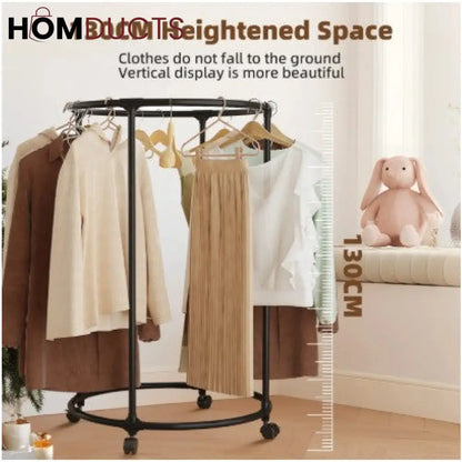 Rotating Round Garment Rack with Wheels - Freestanding Metal Clothing Organizer for Home