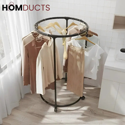 Rotating Round Garment Rack with Wheels - Freestanding Metal Clothing Organizer for Home