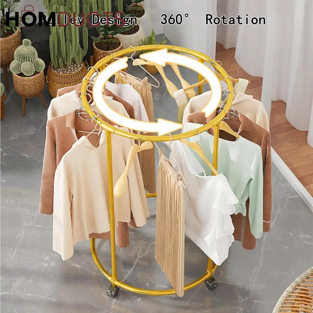 Rotating Round Garment Rack with Wheels - Freestanding Metal Clothing Organizer for Home