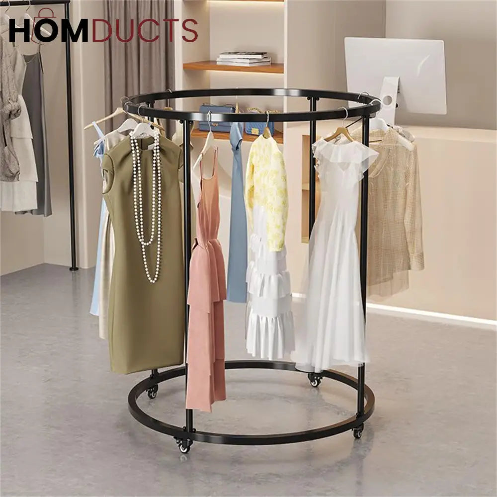Rotating Round Garment Rack with Wheels - Freestanding Metal Clothing Organizer for Home