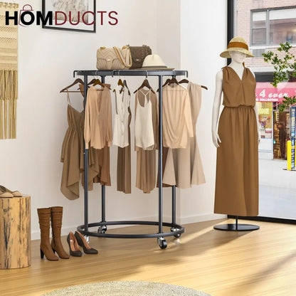 Rotating Round Garment Rack with Wheels - Freestanding Metal Clothing Organizer for Home